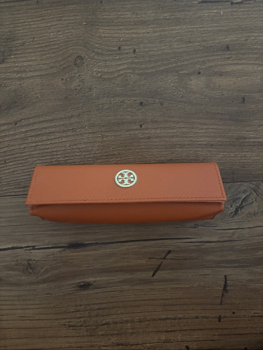 Tory Burch Saffiano Leather Fold-Over Eyeglass Case in Orange with Gold Logo